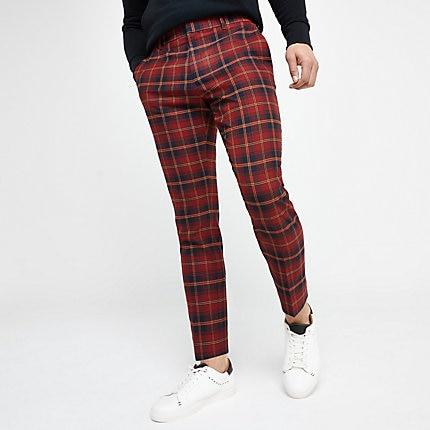 River Island Mens Plaid Check Smart Skinny Crop Pants