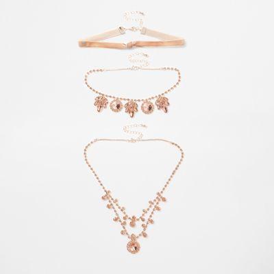 River Island Womens Rose Gold Tone Jewel Embellished Necklace Set
