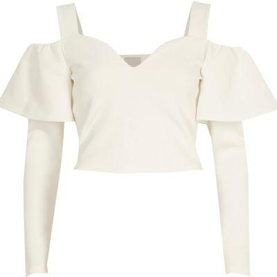 River Island Womens White Frill Sleeve Bardot Crop Top