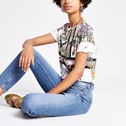 River Island Womens White Floral Turn Up Sleeve T-shirt