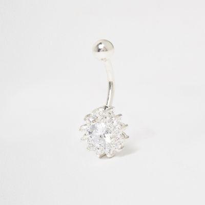 River Island Womens Silver Tone Cubic Zirconia Floral Belly Bar