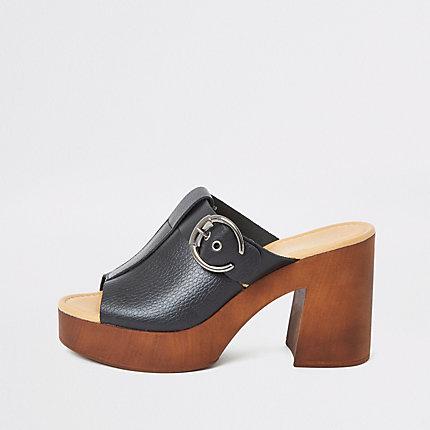 River Island Womens Leather Buckle Block Heel Mules