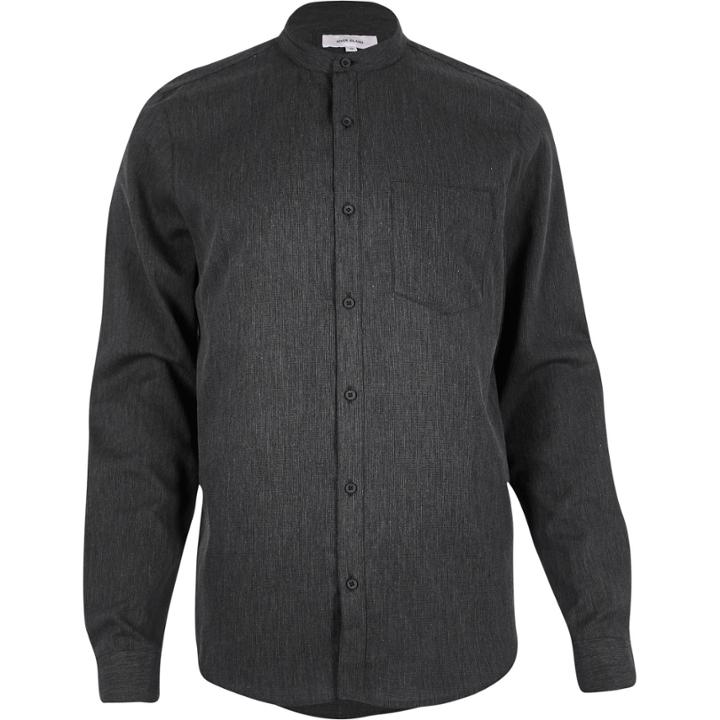 River Island Mensgrey Waffle Grandad Collarless Shirt