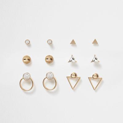 River Island Womens Gold Tone Diamante Geo Earrings Pack