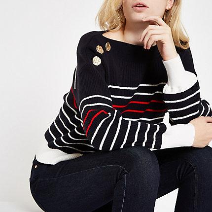 River Island Womens Stripe Boat Neck Button Detail Jumper