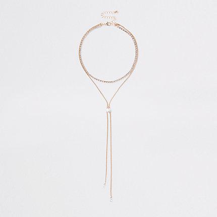 River Island Womens Gold Tone Rhinestone Choker Necklace Set