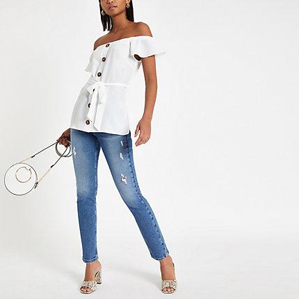 River Island Womens White Button Front Bardot Tie Waist Top