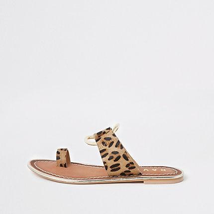 River Island Womens Ravel Leopard Print Toe Ring Sandals