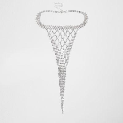 River Island Womens Silver Tone Rhinestone Cup Chain Lattice Choker