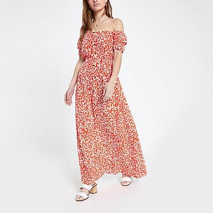 River Island Womens Petite Print Bardot Maxi Dress