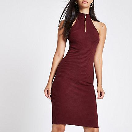 River Island Womens Halter Neck Zip Mini Bodycon Dress