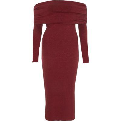 River Island Womens Ruched Folded Bardot Knit Midi Dress
