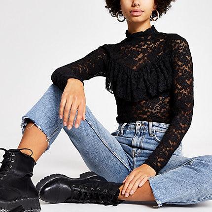River Island Womens Lace High Neck Frill Front Top