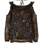 River Island Womens Plus Print Frill Cold Shoulder Top