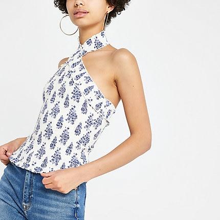 River Island Womens White Print Halter Neck Top