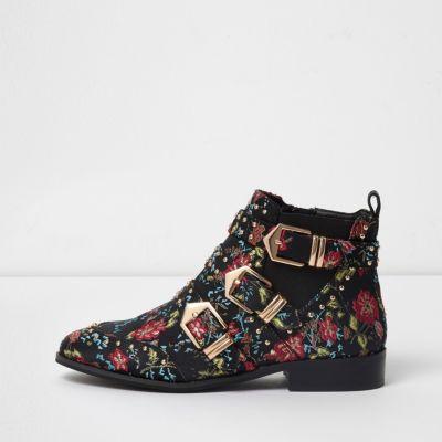 River Island Womens Floral Multi Buckle Ankle Boots