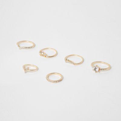 River Island Womens Gold Tone Rhinestone Pave Ring Pack