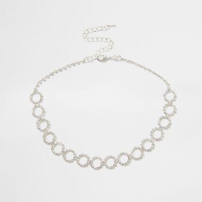 River Island Womens Silver Rhinestone Encrusted Circle Chain Choker