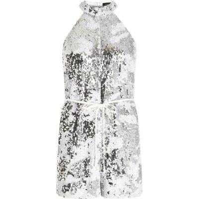 River Island Womens Silver Sequin Choker Romper