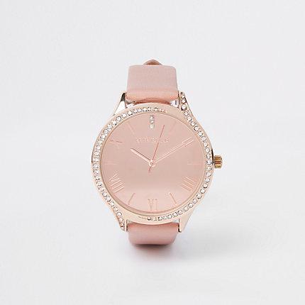 River Island Womens Rose Gold Tone Rhinestone Round Face Watch