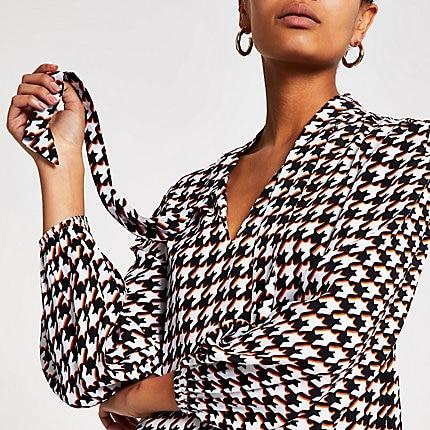 River Island Womens Dogtooth Check Tie Neck Blouse