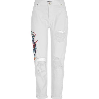 River Island Womens White Embroidered Ripped Boyfriend Jeans