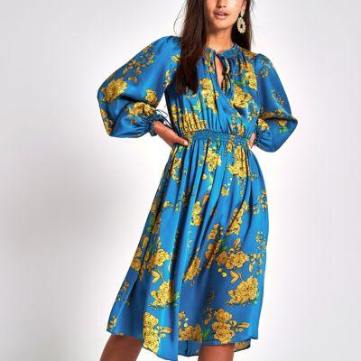 River Island Womens Petite Print Tie Neck Shirred Midi Dress