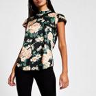 River Island Womens Floral Diamante Neck Short Sleeve Top