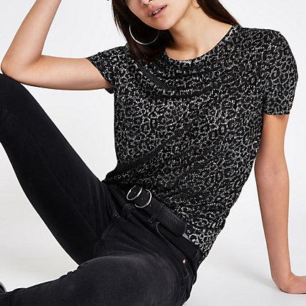 River Island Womens Metallic Leopard Print T-shirt