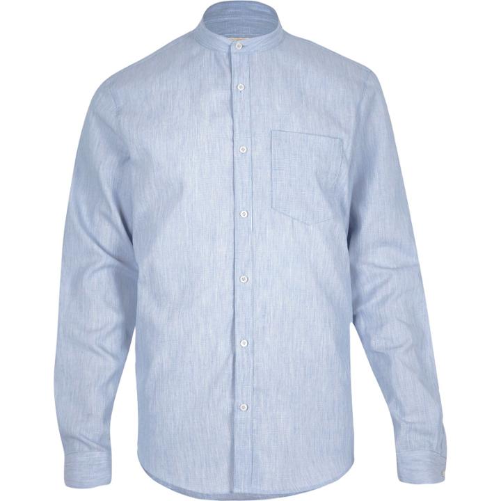 River Island Mensblue Waffle Grandad Collarless Shirt