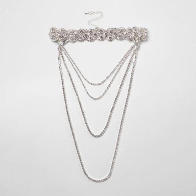 River Island Womens Silver Tone Scallop Diamante Multi Row Choker
