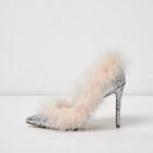 River Island Womens Silver Glitter Fur Trim Trim Court Shoes