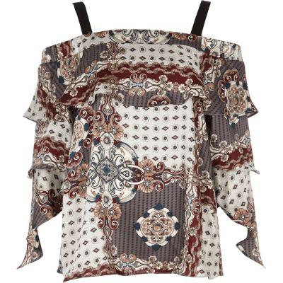 River Island Womens Scarf Print Bardot Frill Sleeve Top