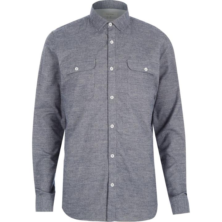 River Island Mensgrey Brushed Flannel Two Pocket Shirt
