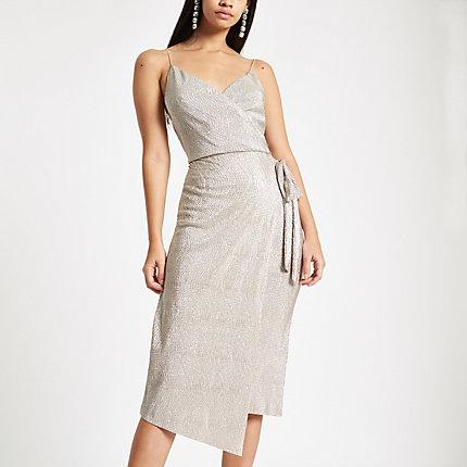 River Island Womens Gold Metallic Plisse Tie Waist Midi Dress