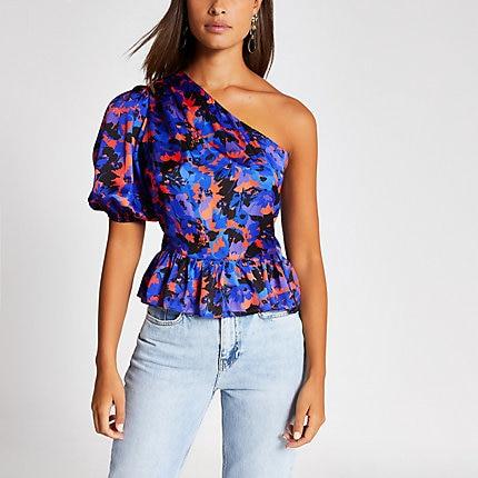 River Island Womens Printed One Shoulder Peplum Top