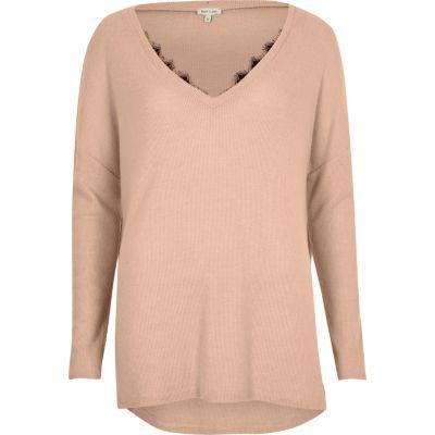 River Island Womens Knit Lace Trim V Neck Sweater