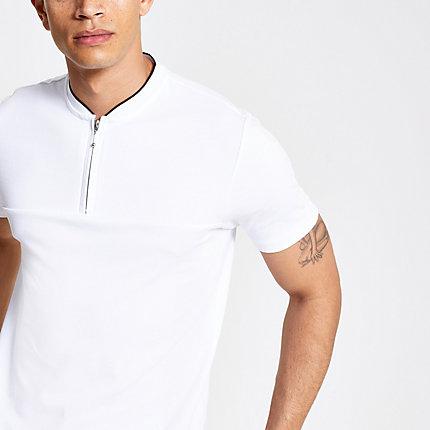 River Island Mens White Zip Neck Slim Fit Polo Shirt