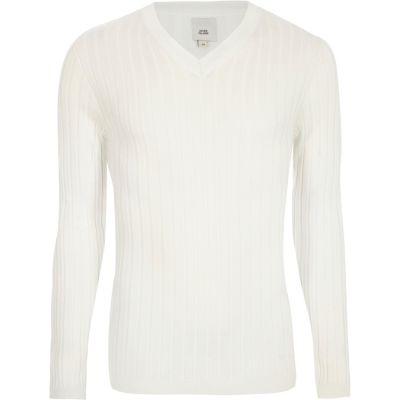 River Island Mens Rib Muscle Fit V Neck Jumper