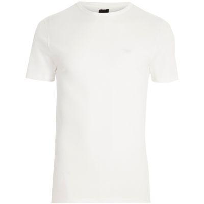 River Island Mens White Pique Muscle Fit Crew Neck T-shirt