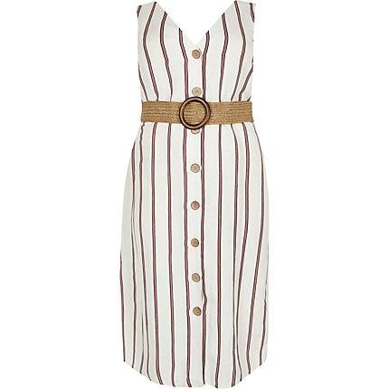River Island Womens Plus White Stripe Belted Linen Midi Dress