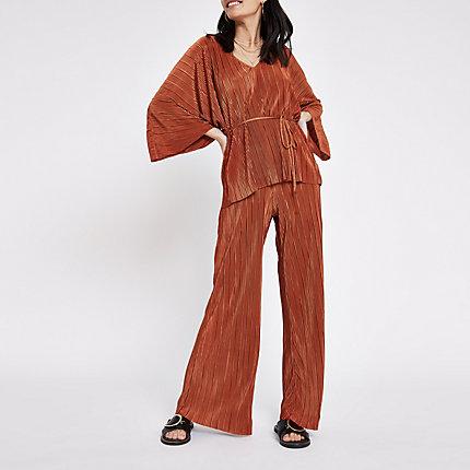 River Island Womens Rust Pleated Jersey Wide Leg Pants
