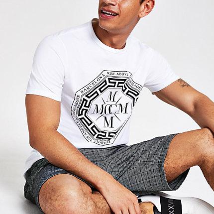 River Island Mens White Printed Slim Fit T-shirt