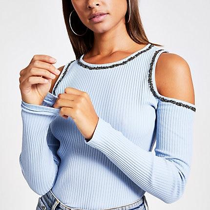 River Island Womens Cold Shoulder Embellished Fitted Top