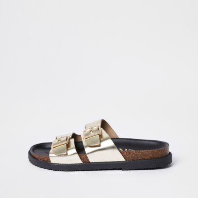 River Island Womens Gold Double Buckle Mule Sandals