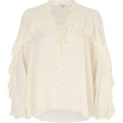 River Island Womens White Metallic Print Frill Blouse