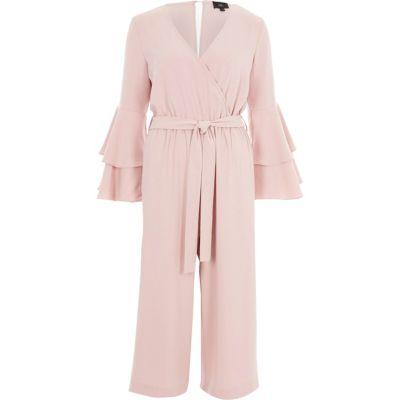 River Island Womens Nude Frill Sleeve Wrap Tie Waist Jumpsuit