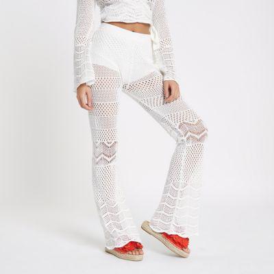 River Island Womens White Crochet Knit Flare Trousers