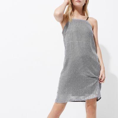 River Island Womens Petite Silver Sequin Cami Mini Slip Dress