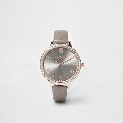 River Island Womens And Rose Gold Tone Rhinestone Face Watch